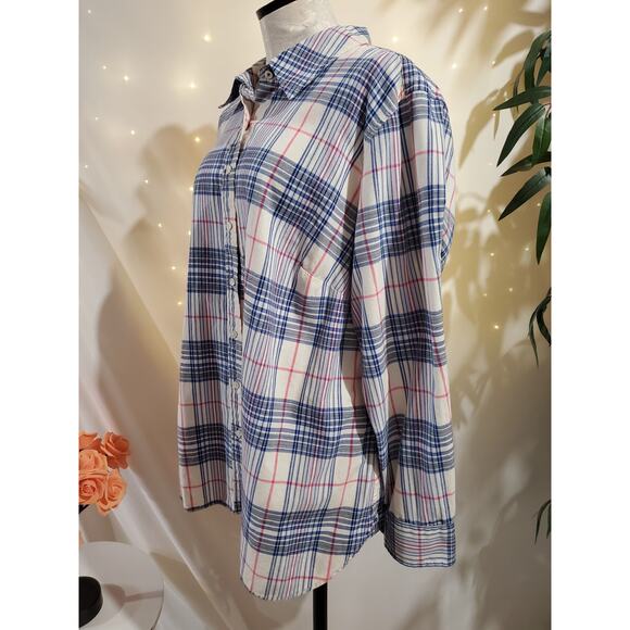 Talbots Classic Cotton Plaid Pearl Button Up Shirt Womens Plus 2X White Blue - Picture 2 of 9